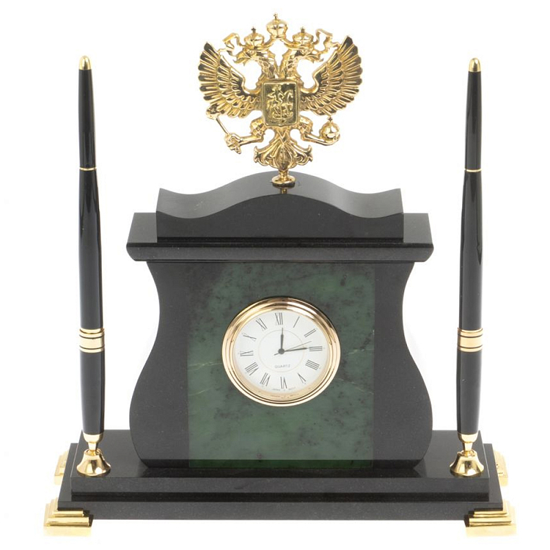 Часы настольные с Гербом России и 2-мя шариковыми ручками в комплекте Stone Clock Черный Зеленый Коричневый Бронза Часы настольные с Гербом России и 2-мя шариковыми ручками в комплекте Stone Clock Черный Зеленый Коричневый Бронза в Волгограде | Loft Concept