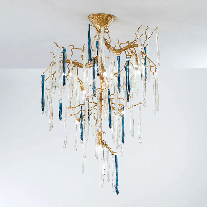 Люстра с прозрачными и голубыми подвесками в форме капель Droplet Chandelier Золотой Прозрачный Синий Люстра с прозрачными и голубыми подвесками в форме капель Droplet Chandelier Золотой Прозрачный Синий в Волгограде | Loft Concept