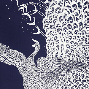 Обои ручная роспись в стиле Арт-деко Whistler Peacocks Special Colourway on Empire Blue dyed silk