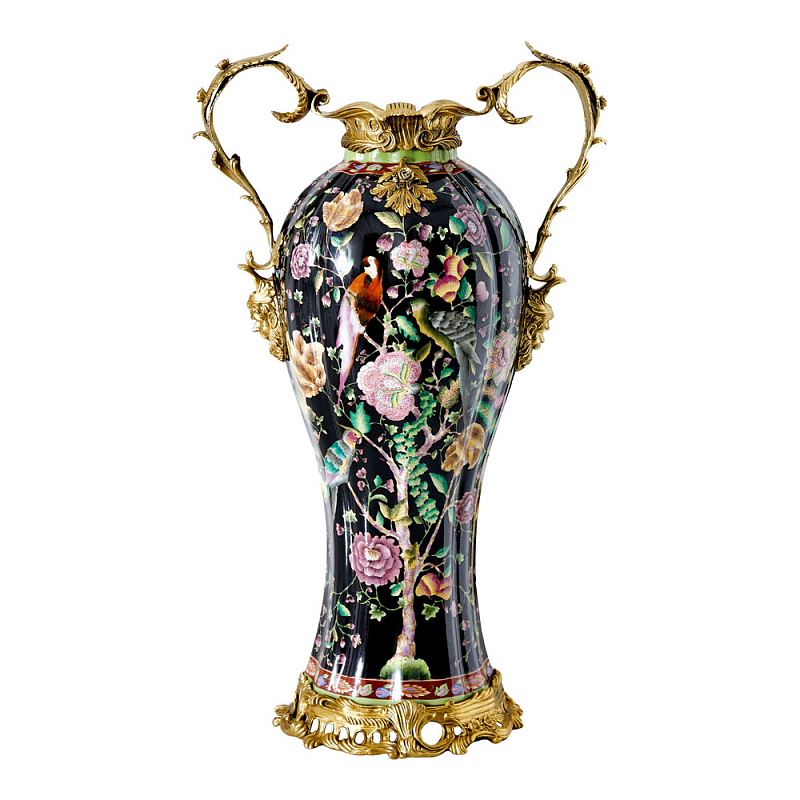 Ваза из фарфора черная с цветочной росписью и бронзовыми элементами Spring Garden Бронза Мульти Черный в Волгограде | Loft Concept 