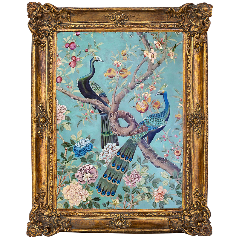 Постер в раме в стиле шинуазри Павлины на дереве Chinoiserie Imperial Garden Peacocks on a Tree Poster Мульти Античная Бронза в Волгограде | Loft Concept 
