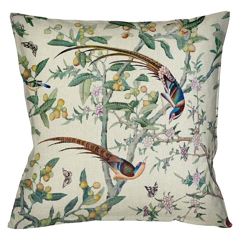Подушка декоративная с изображением птицы в саду Beige Chinoiserie Birds in the Garden Cushion Мульти Бежевый в Волгограде | Loft Concept 