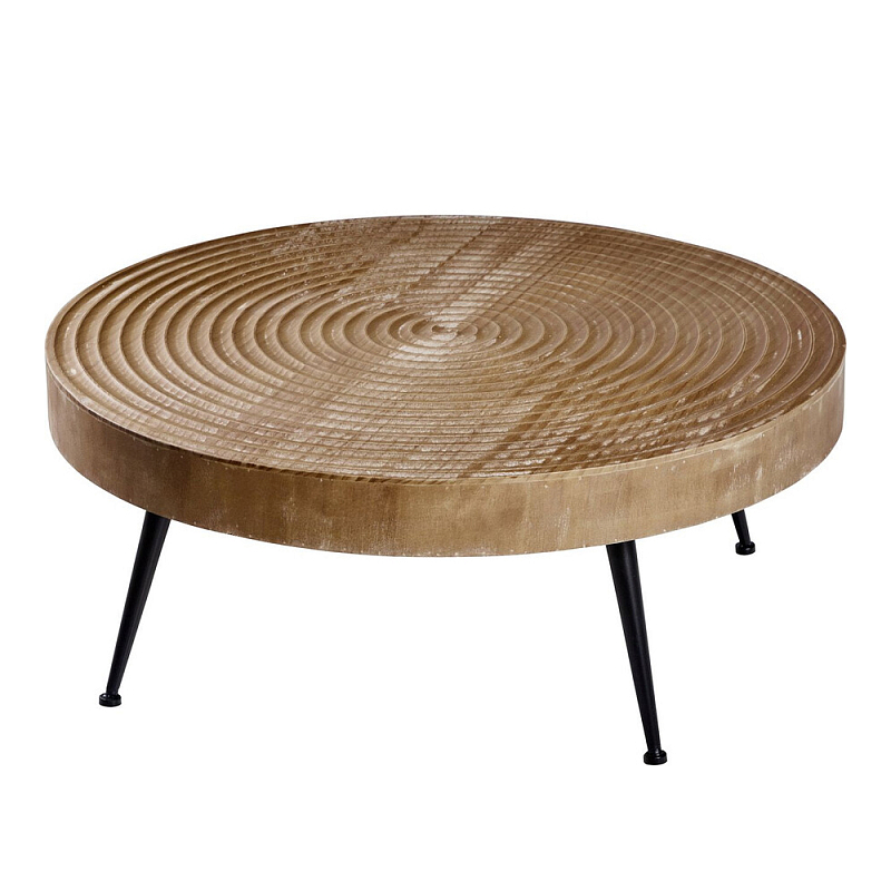 Журнальный столик с круглой фактурной столешницей из натурального дерева Vortex Коричневый Черный в Волгограде | Loft Concept 
