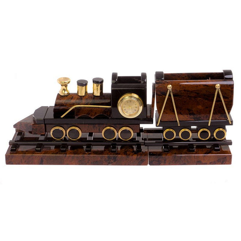 Часы настольные в виде паровоза из натурального камня Обсидиан Train Stone Clock Коричневый Золотой Часы настольные в виде паровоза из натурального камня Обсидиан Train Stone Clock Коричневый Золотой в Волгограде | Loft Concept
