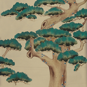 Обои ручная роспись Pine Trees Original colourway on New Faint Gold metallic silk