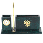 Настольный письменный набор с гербом России и часами из природного камня змеевик Successful Leader варинант исполнения - 1 | Loft Concept в Волгограде