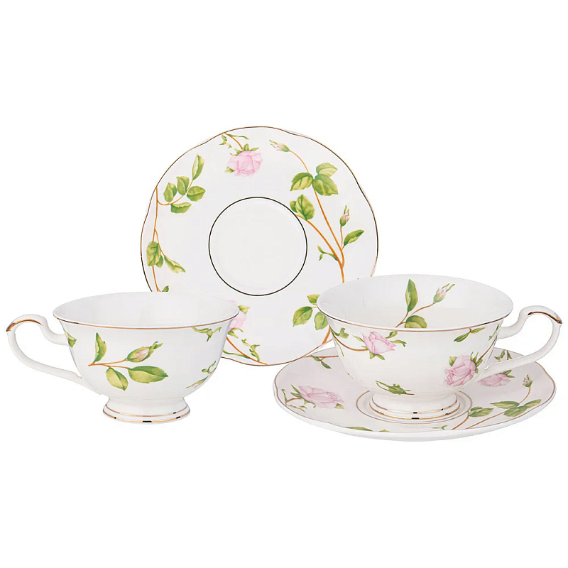 Чайный набор из фарфора белый с цветочным принтом на 2 персоны 4 предмета Flower Porcelain Collection Белый Мульти в Волгограде | Loft Concept 