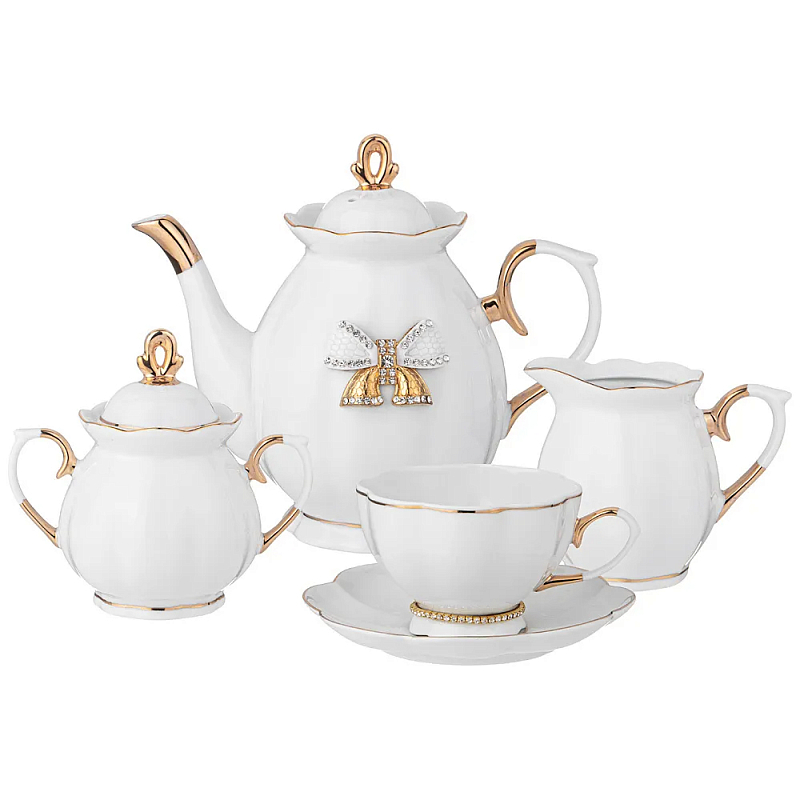 Чайный сервиз из фарфора со стразами на 6 персон 15 предметов Shine Porcelain Белый Золотой Чайный сервиз из фарфора со стразами на 6 персон 15 предметов Shine Porcelain Белый Золотой в Волгограде | Loft Concept