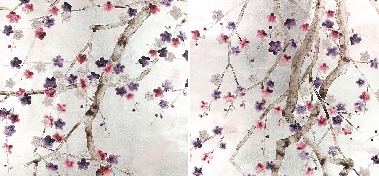 Обои ручная роспись Plum Blossom Colourway SC-228 on Tarnished Silver gilded paper with pearlescent antiquing Обои ручная роспись Plum Blossom Colourway SC-228 on Tarnished Silver gilded paper with pearlescent antiquing - Loft-Concept в Волгограде