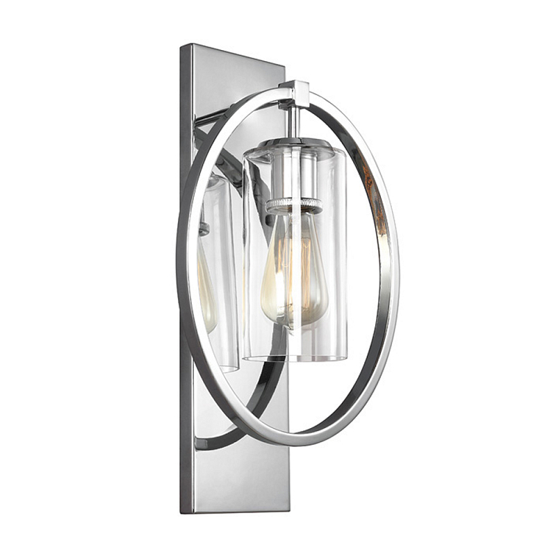 Бра цвета хром с круглой рамой и цилиндрическим прозрачным стеклянным плафоном на прямоугольном основании Feiss Хром Прозрачное Стекло в Волгограде | Loft Concept 