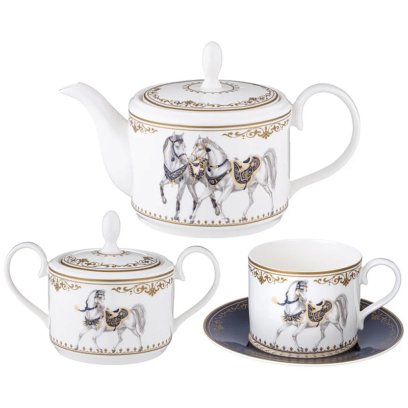Чайный сервиз из фарфора с изображением лошадей на 6 персон 14 предметов Porcelain Horse Set Белый Синий Чайный сервиз из фарфора с изображением лошадей на 6 персон 14 предметов Porcelain Horse Set Белый Синий в Волгограде | Loft Concept