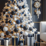 Украшенная Белая Новогодняя Елка с сине-белыми шарами и и муляжами подарков в комплекте варинант исполнения - 2 | Loft Concept в Волгограде