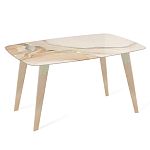 Обеденный стол с прямоугольной бежевой столешницей из стекла на 4-х деревянных ножках Beige Marble варинант исполнения - 1 | Loft Concept в Волгограде