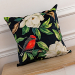 Декоративная подушка чёрная с изображением птиц и цветов Blooming Reds Birds варинант исполнения - 2 | Loft Concept в Волгограде