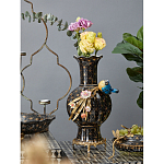 Ваза черная фарфоровая с  узором и бронзовым декором в виде веток с фарфоровой птичкой и цветами Eden Garden варинант исполнения - 2 | Loft Concept в Волгограде