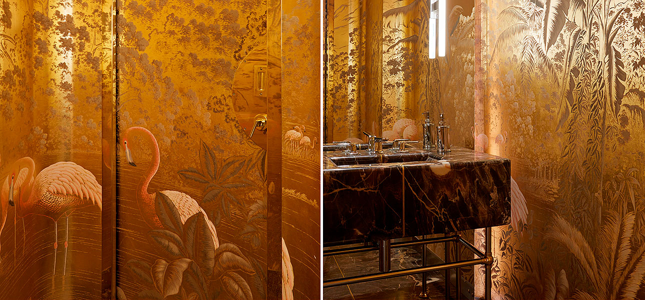 Обои ручная роспись Flamingos Flamingo on Deep Rich Gold gilded paper - Loft-Concept в Волгограде