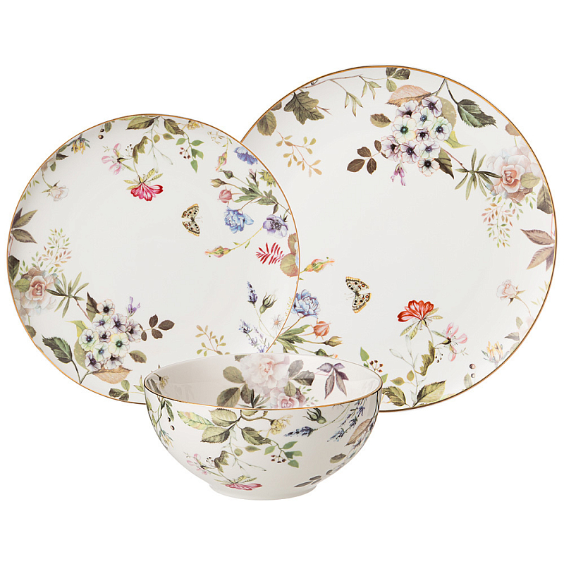 Набор посуды обеденный на 4 персоны 12 предметов Garden Whisper Porcelain Set Белый Мульти Набор посуды обеденный на 4 персоны 12 предметов Garden Whisper Porcelain Set Белый Мульти в Волгограде | Loft Concept