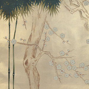 Обои ручная роспись Bamboo River Blossom Original colourway on Brushed Gold gilded paper
