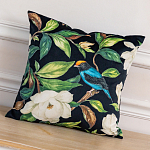 Декоративная подушка чёрная с изображением птиц и цветов  Blooming Blue Birds варинант исполнения - 2 | Loft Concept в Волгограде