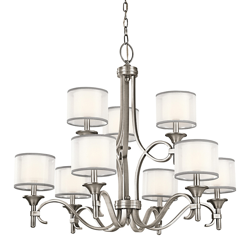 Люстра с белыми тканевыми абажурами в прозрачных стеклянных цилиндрах Kichler Белый Бежевый Никель Бронза Прозрачное Стекло в Волгограде | Loft Concept 