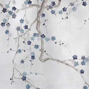 Обои ручная роспись Plum Blossom Inky Hokusai on Sterling Silver gilded silk