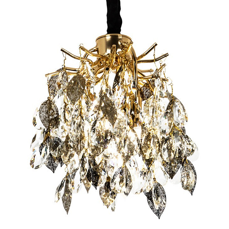 Люстра с хрустальными подвесками и металлическими в виде листьев Fairytree Light Chandelier 2 Прозрачный Золотой в Волгограде | Loft Concept 