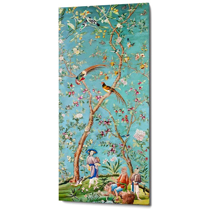 Постер на холсте в стиле шинуазри с изображением сада Chinoiserie Imperial Garden Birds and People Poster Мульти Бирюзовый в Волгограде | Loft Concept 