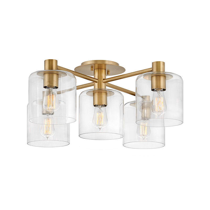 Потолочный светильник цвета латунь с пятью прозрачными цилиндрическими плафонами Hinkley Латунь Прозрачное Стекло в Волгограде | Loft Concept 