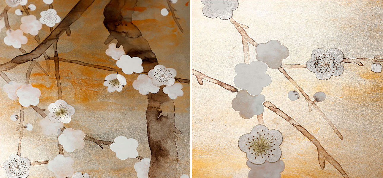 Обои ручная роспись Plum Blossom Special Colourway on White Metal gilded silk with nickel pearlescent antiquing Обои ручная роспись Plum Blossom Special Colourway on White Metal gilded silk with nickel pearlescent antiquing - Loft-Concept в Волгограде