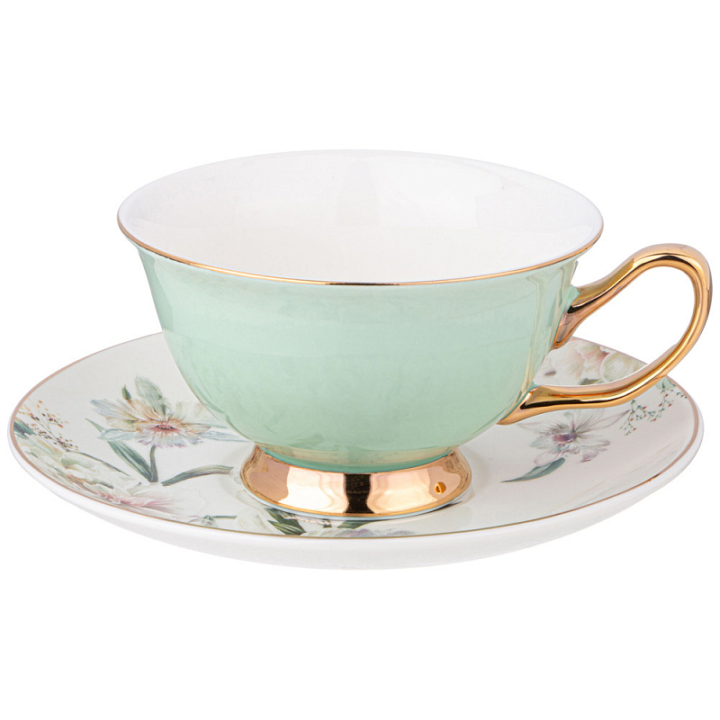 Чайная пара из фарфора 200 мл Green Tea Porcelain Set Белый Золотой Зеленый в Волгограде | Loft Concept 